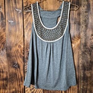 Boho Beaded Tank Top Gray Embellished Bib Neck Sleeveless Blouse Women’s Medium